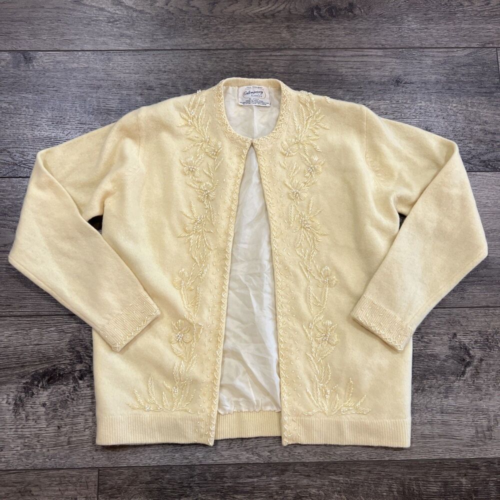 Vintage 50’s Contemporary Classics Beaded Cardigan Clasp Lambswool Lined Sweater